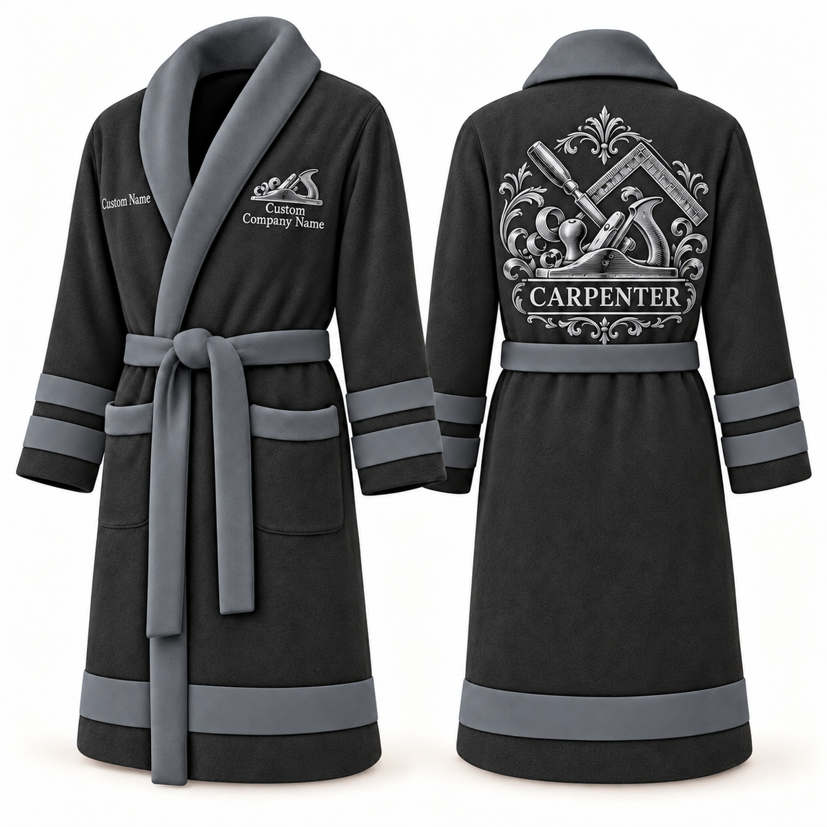 Personalized Carpenter Bathrobe - Heritage Crest slate front and back view