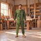 Carpenter occupation-themed sweater and jogger combo on a model with name and company artwork