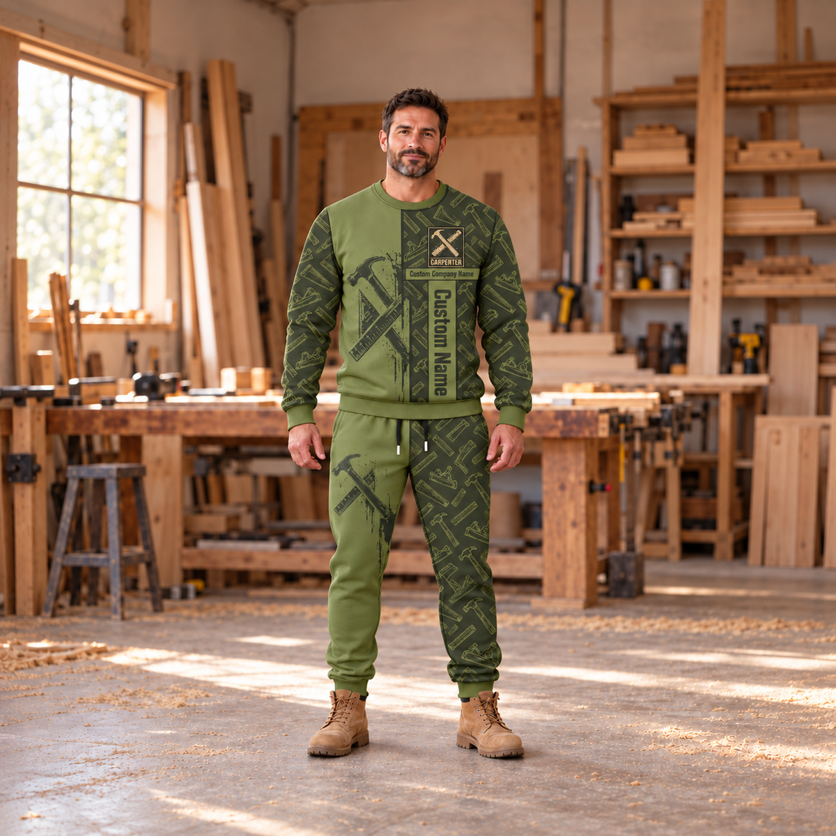 Carpenter occupation-themed sweater and jogger combo on a model with name and company artwork