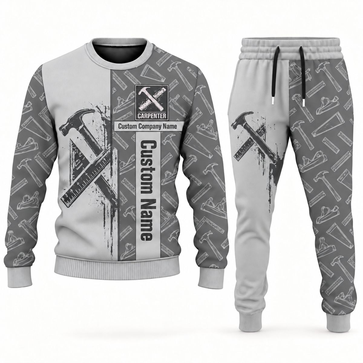 Carpenter occupation-themed sweater and jogger combo lightgray color with name and company artwork