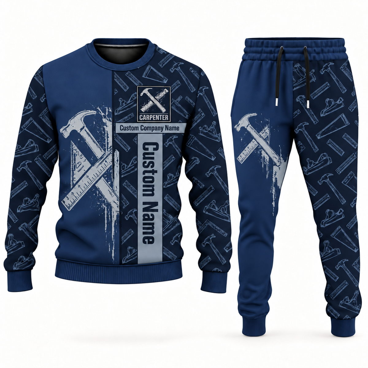 Carpenter occupation-themed sweater and jogger combo navy color with name and company artwork
