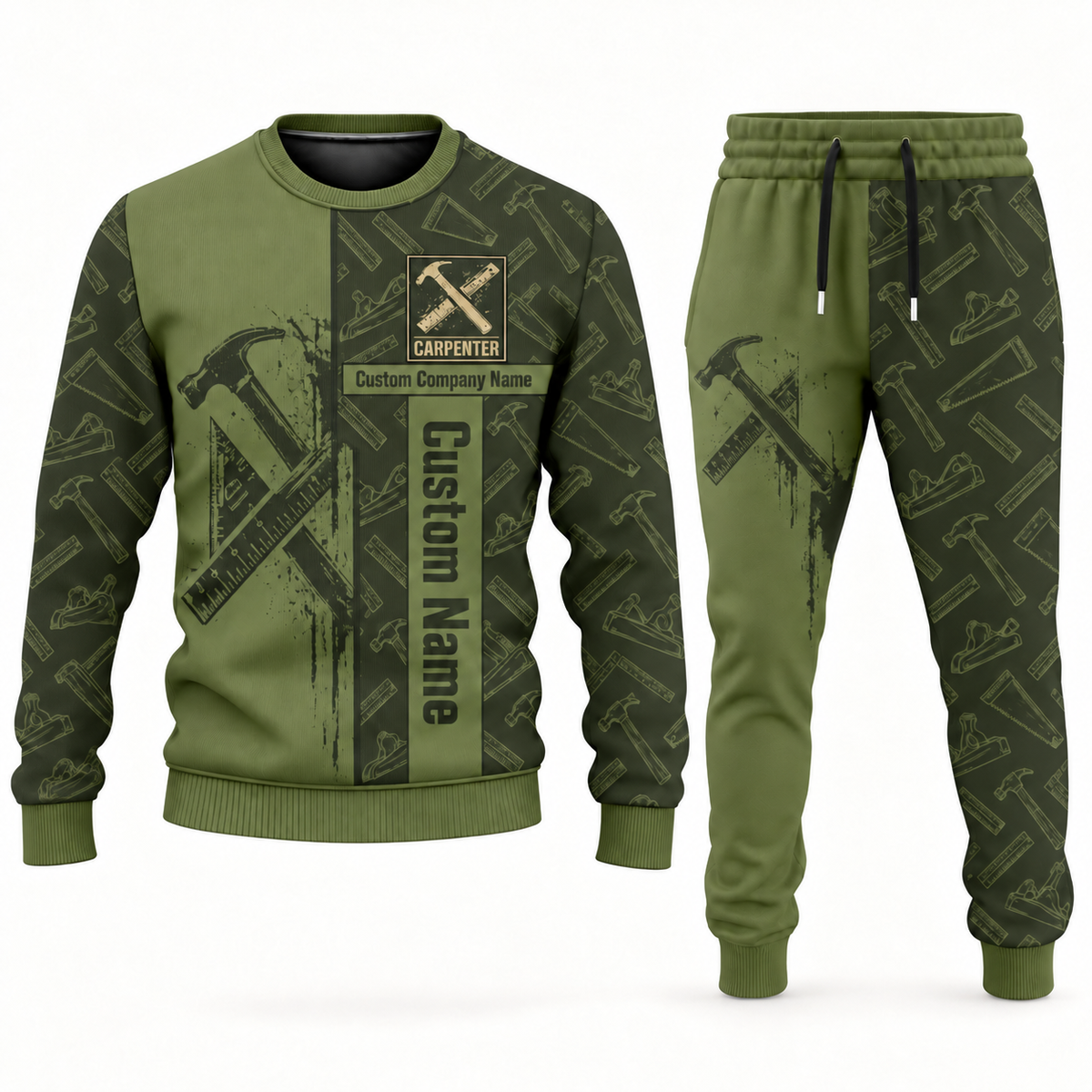 Carpenter occupation-themed sweater and jogger combo olive color with name and company artwork