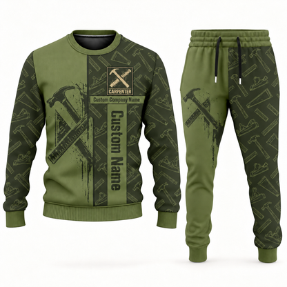 Carpenter occupation-themed sweater and jogger combo olive color with name and company artwork