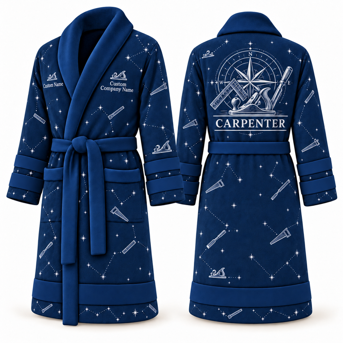 Personalized Carpenter Bathrobe - Night Shift blue front and back view
