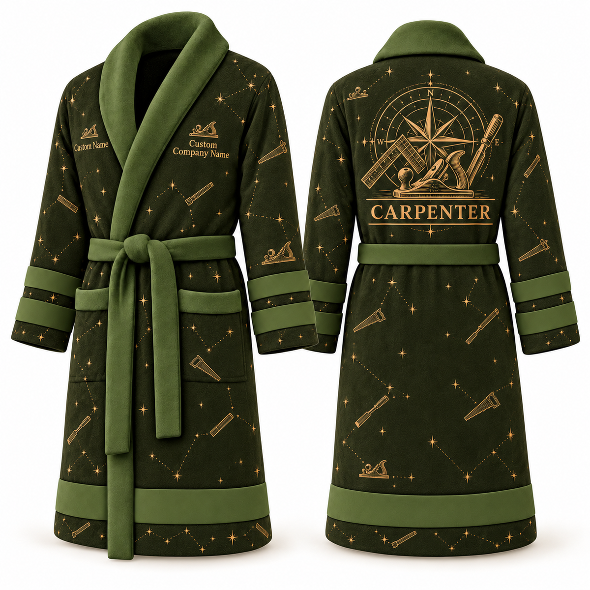 Personalized Carpenter Bathrobe - Night Shift olive front and back view