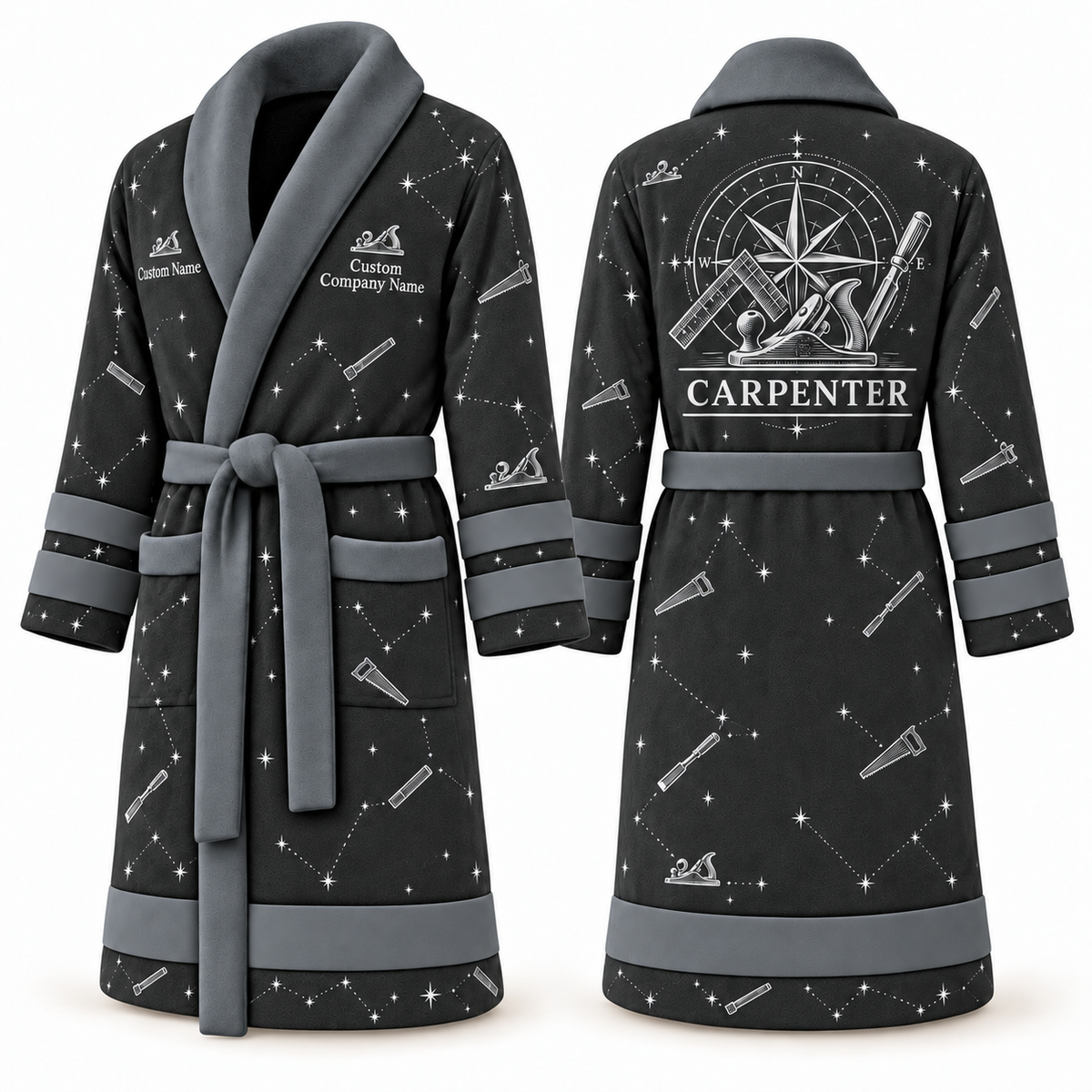 Personalized Carpenter Bathrobe - Night Shift slate front and back view