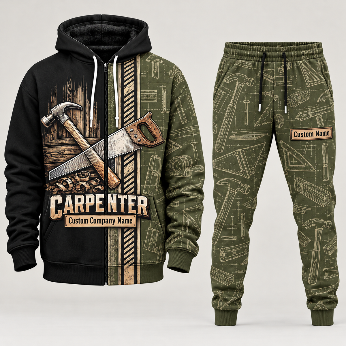 Carpenter full-zip hoodie and matching joggers - olive catalog view