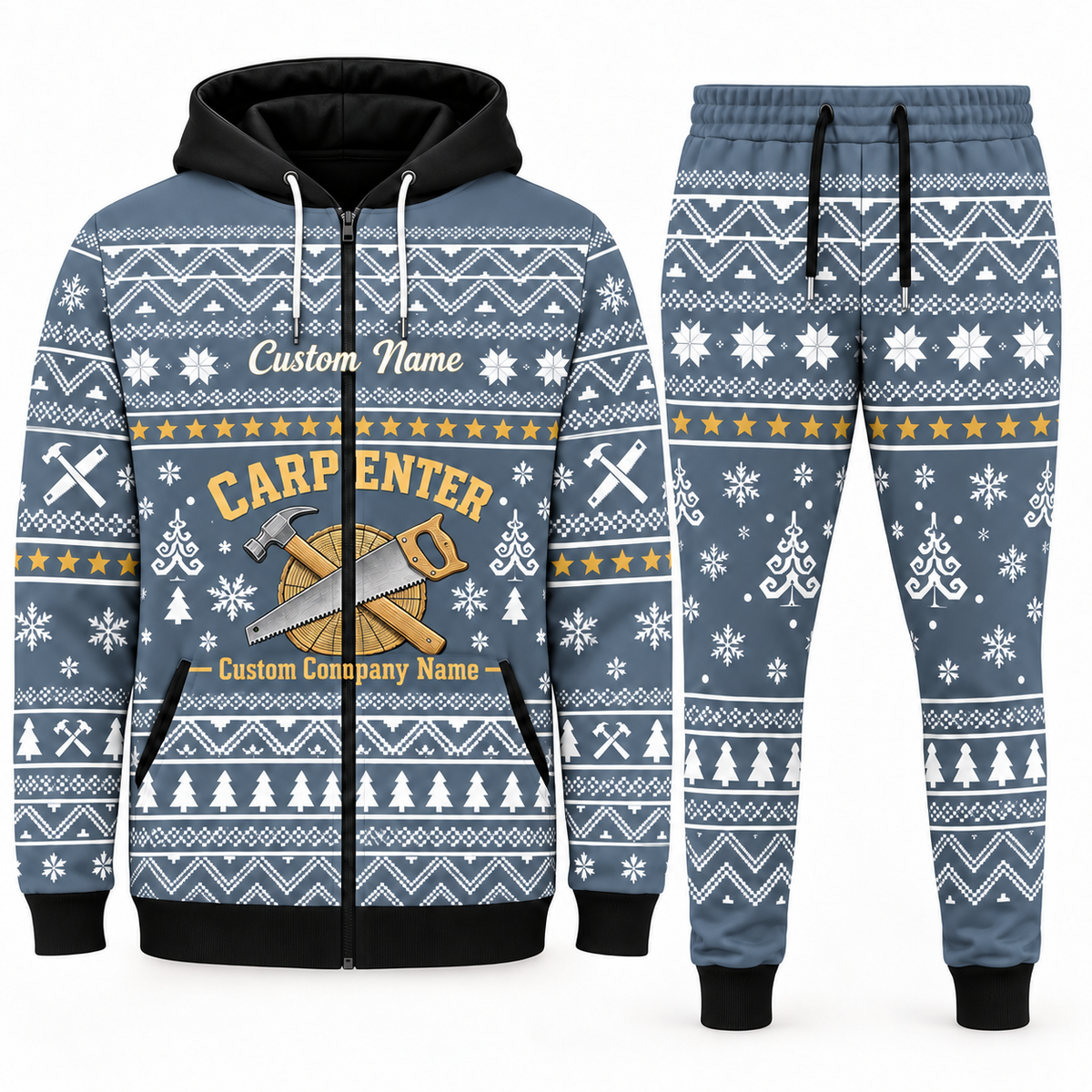 Carpenter Winter Snowflake blue-gray zip hoodie and jogger with Custom Name and Custom Company Name