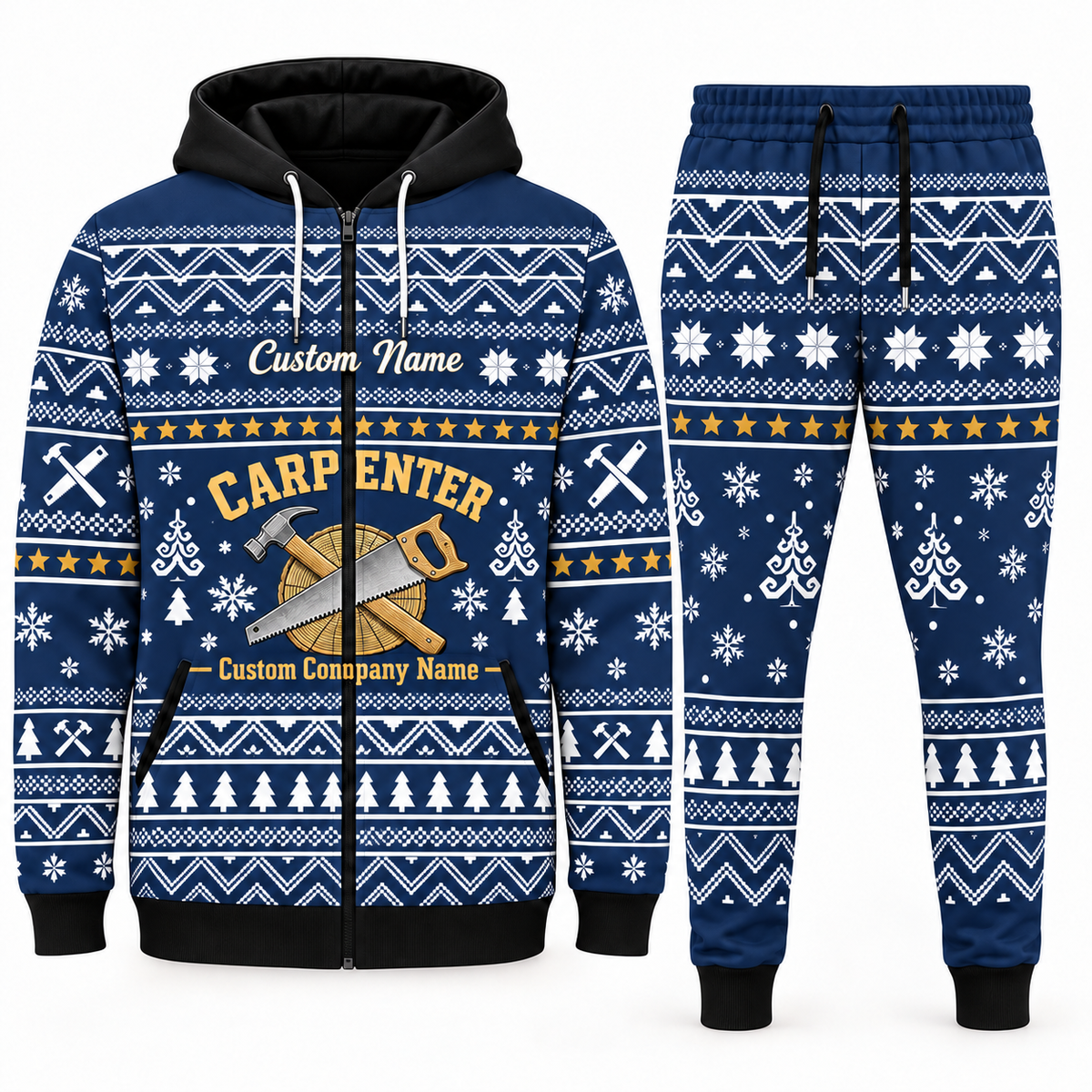 Carpenter Winter Snowflake navy zip hoodie and jogger with Custom Name and Custom Company Name