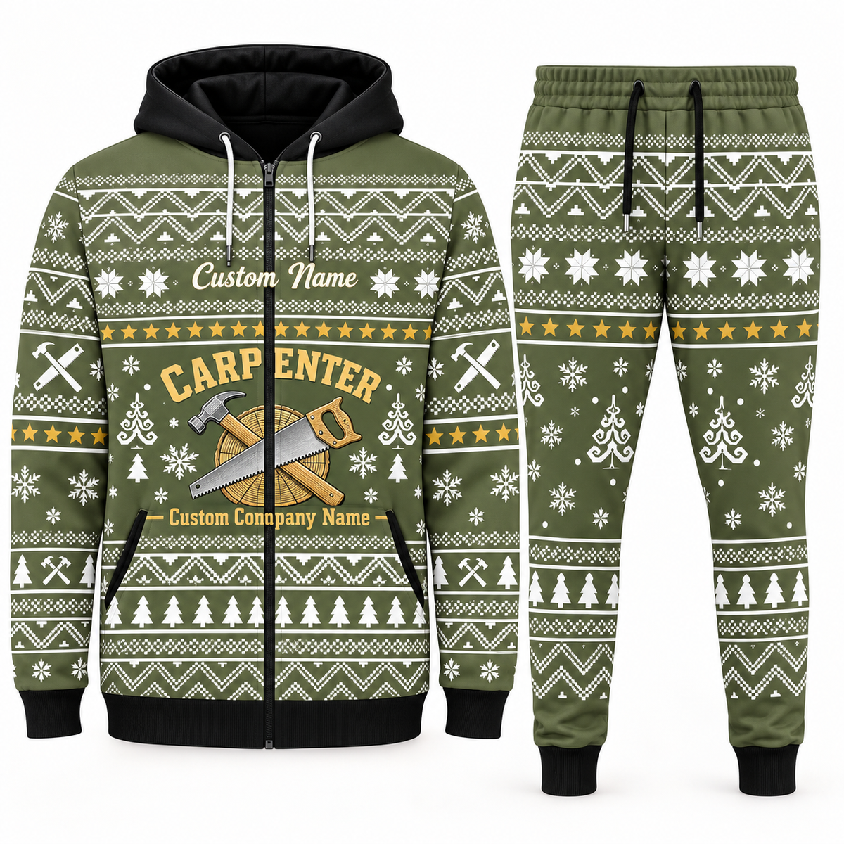 Carpenter olive Winter Snowflake full-zip hoodie and jogger combo with Custom Name and Custom Company Name