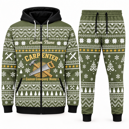 Carpenter olive Winter Snowflake full-zip hoodie and jogger combo with Custom Name and Custom Company Name