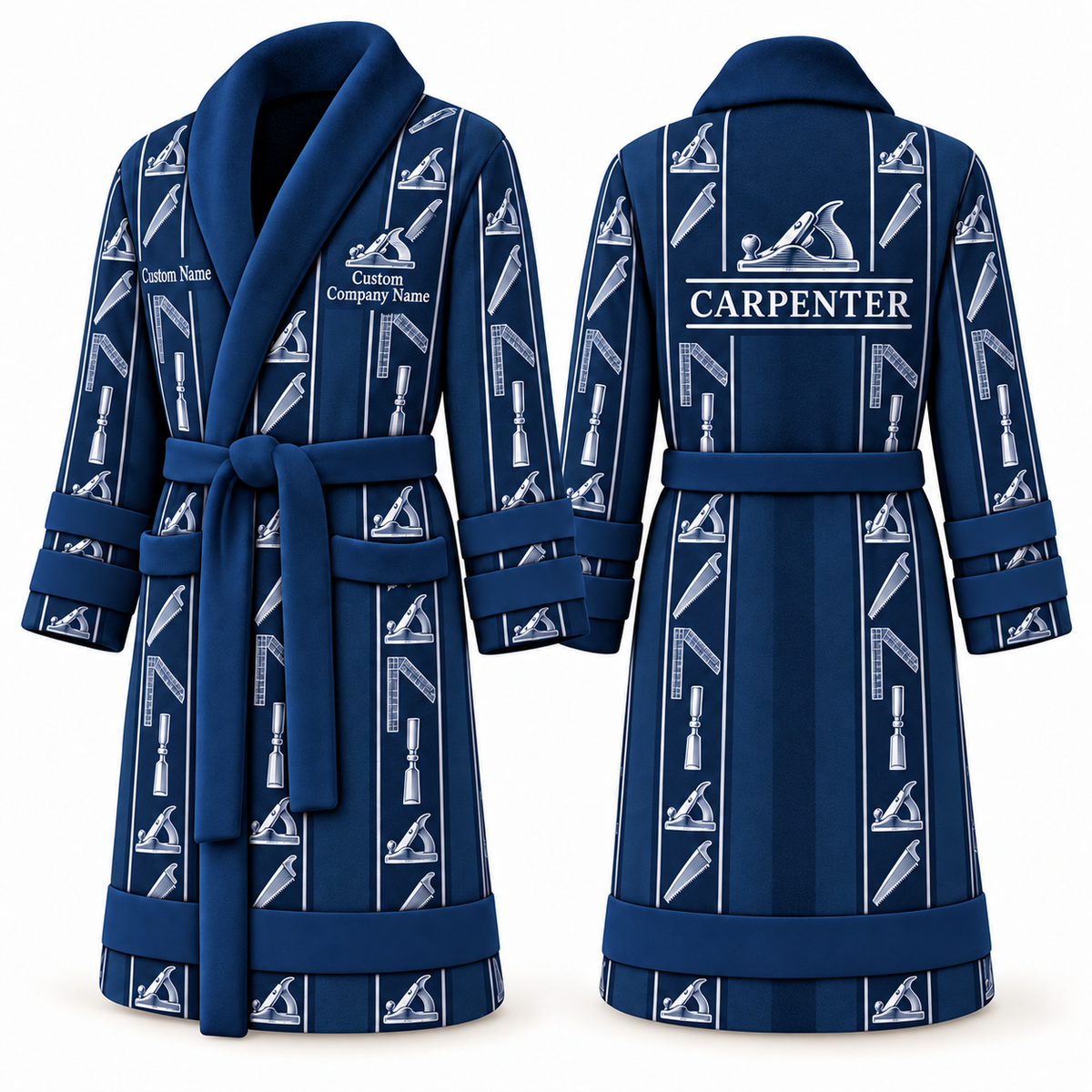Personalized Carpenter Bathrobe - Workbench Stripes blue front and back view