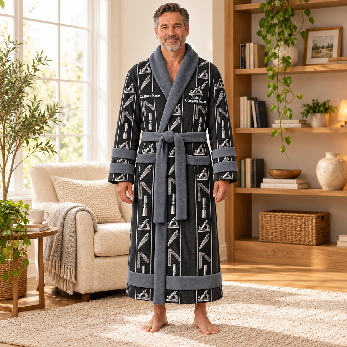 Personalized Carpenter Bathrobe - Workbench Stripes lifestyle view