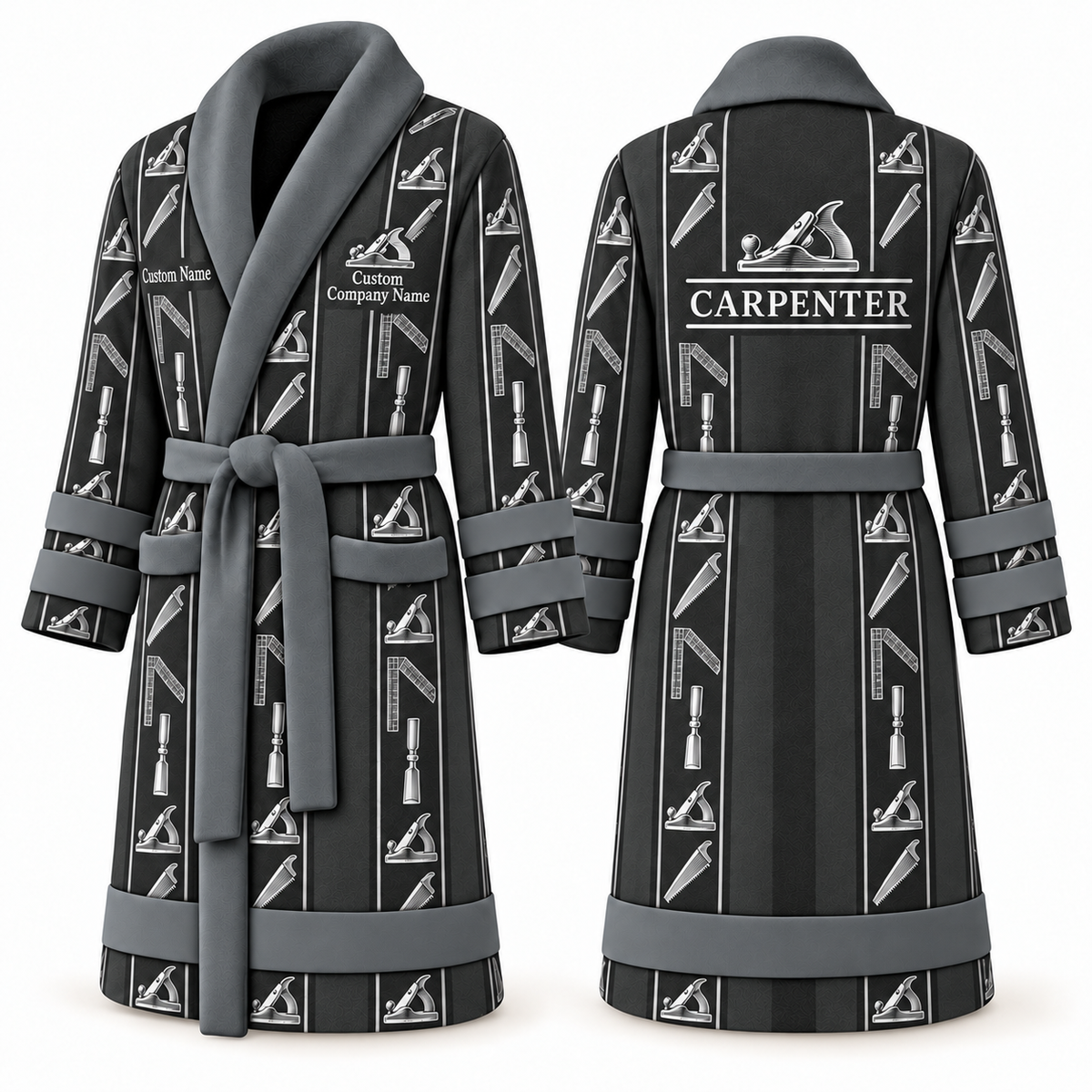 Personalized Carpenter Bathrobe - Workbench Stripes slate front and back view