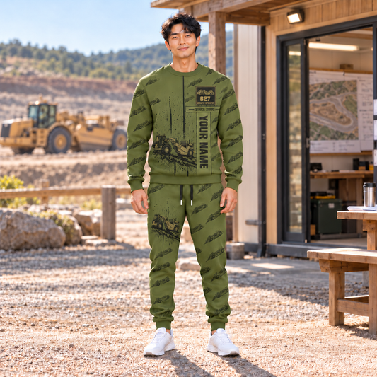Personalized 627 Twin-Engine Scraper Operator Combo Sweater + Jogger in Olive, sweater and jogger artwork with YOUR NAME and SINCE 2000 sample text.