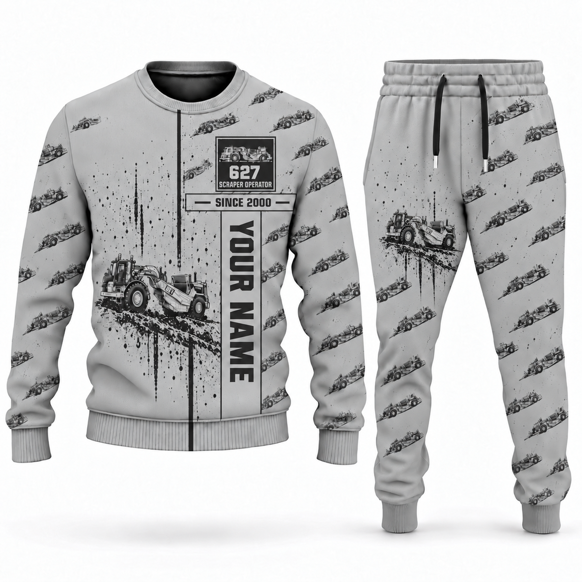 Personalized 627 Twin-Engine Scraper Operator Combo Sweater + Jogger in lightgray, sweater and jogger artwork with YOUR NAME and SINCE 2000 sample text.
