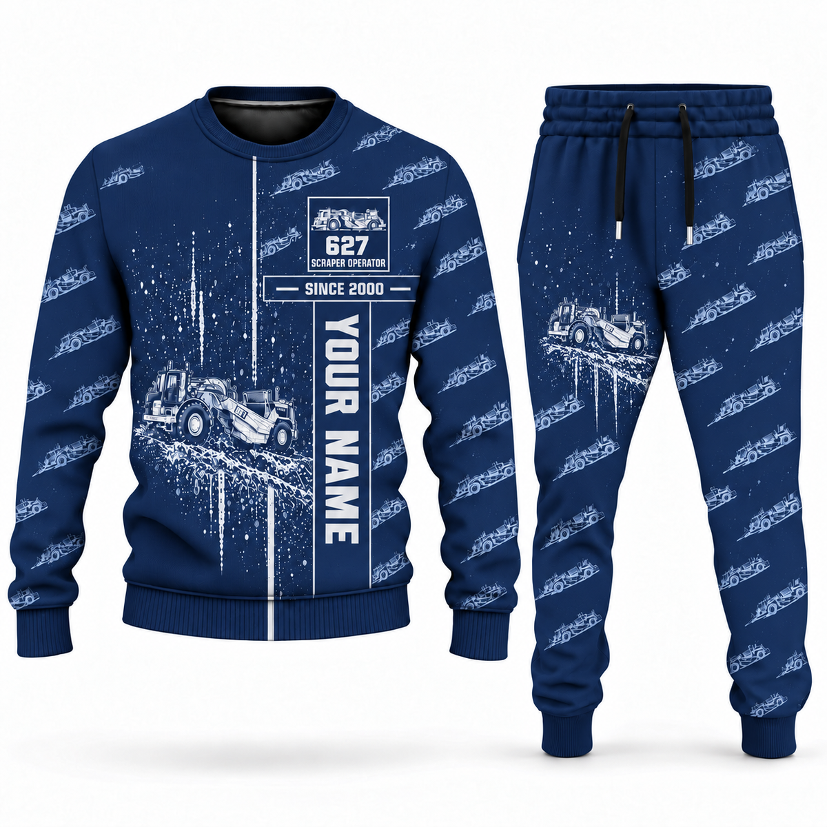 Personalized 627 Twin-Engine Scraper Operator Combo Sweater + Jogger in navy, sweater and jogger artwork with YOUR NAME and SINCE 2000 sample text.