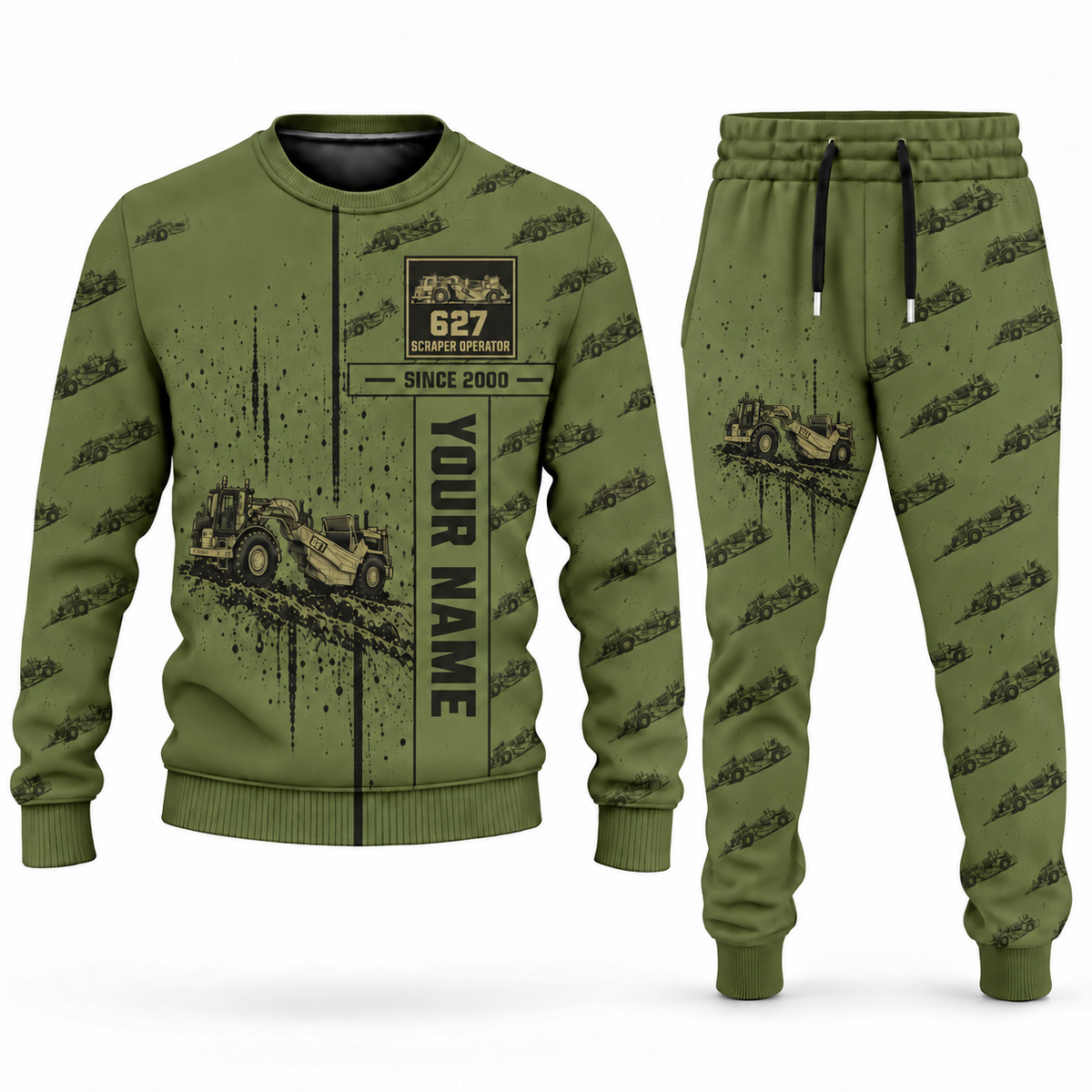 Personalized 627 Twin-Engine Scraper Operator Combo Sweater + Jogger in olive, sweater and jogger artwork with YOUR NAME and SINCE 2000 sample text.