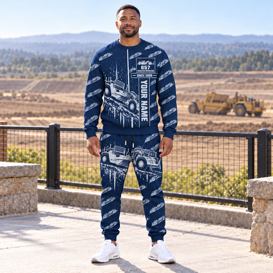 Personalized 657 Twin-Engine Scraper Operator Combo Sweater + Jogger in Navy, sweater and jogger artwork with YOUR NAME and SINCE 2000 sample text.