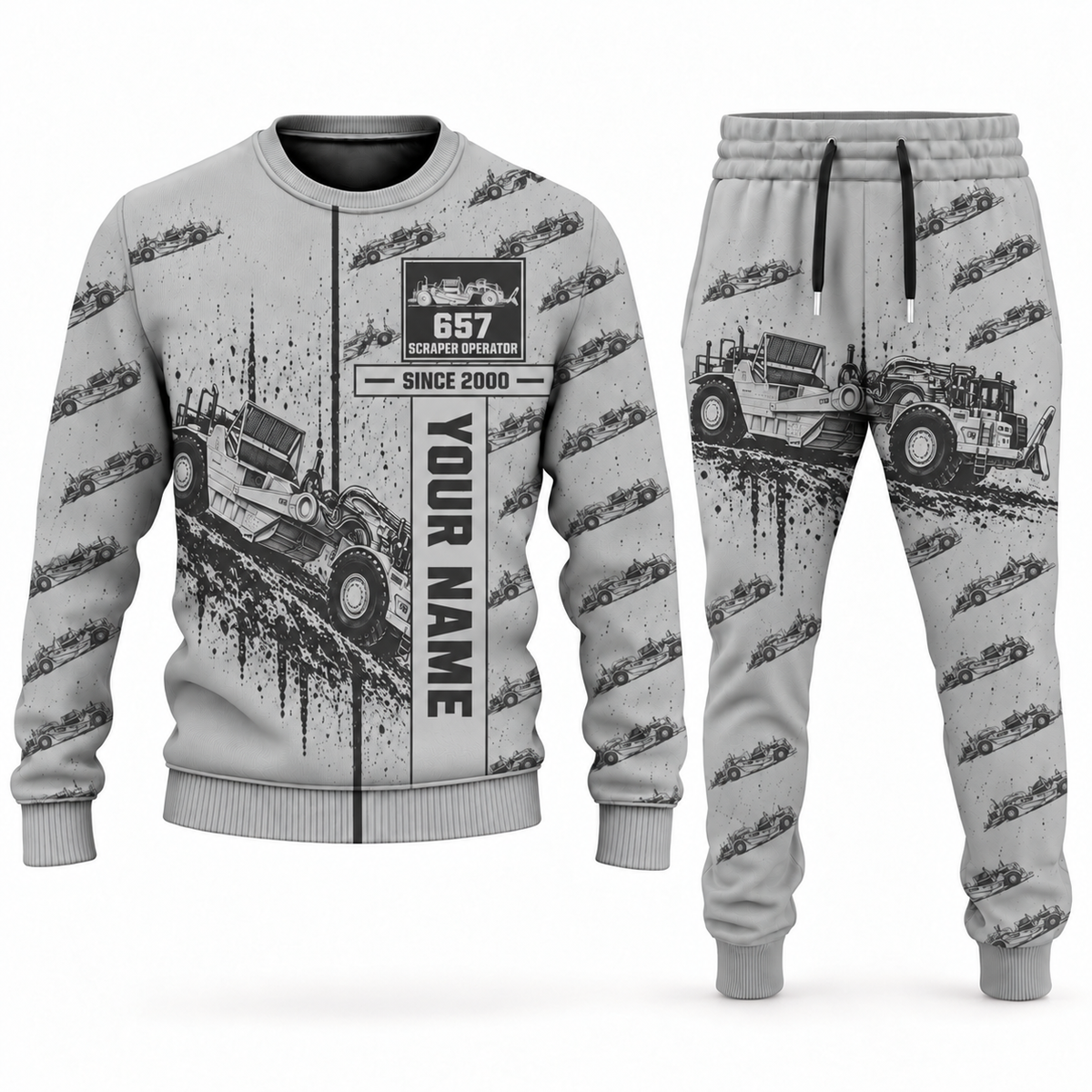 Personalized 657 Twin-Engine Scraper Operator Combo Sweater + Jogger in lightgray, sweater and jogger artwork with YOUR NAME and SINCE 2000 sample text.