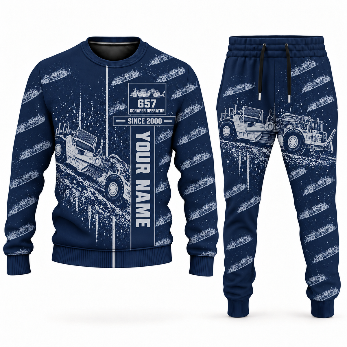 Personalized 657 Twin-Engine Scraper Operator Combo Sweater + Jogger in navy, sweater and jogger artwork with YOUR NAME and SINCE 2000 sample text.