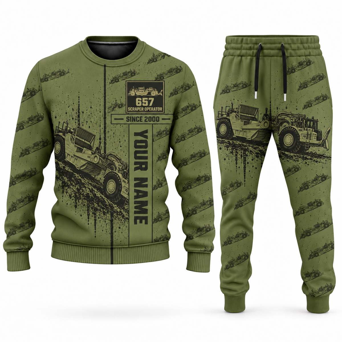 Personalized 657 Twin-Engine Scraper Operator Combo Sweater + Jogger in olive, sweater and jogger artwork with YOUR NAME and SINCE 2000 sample text.