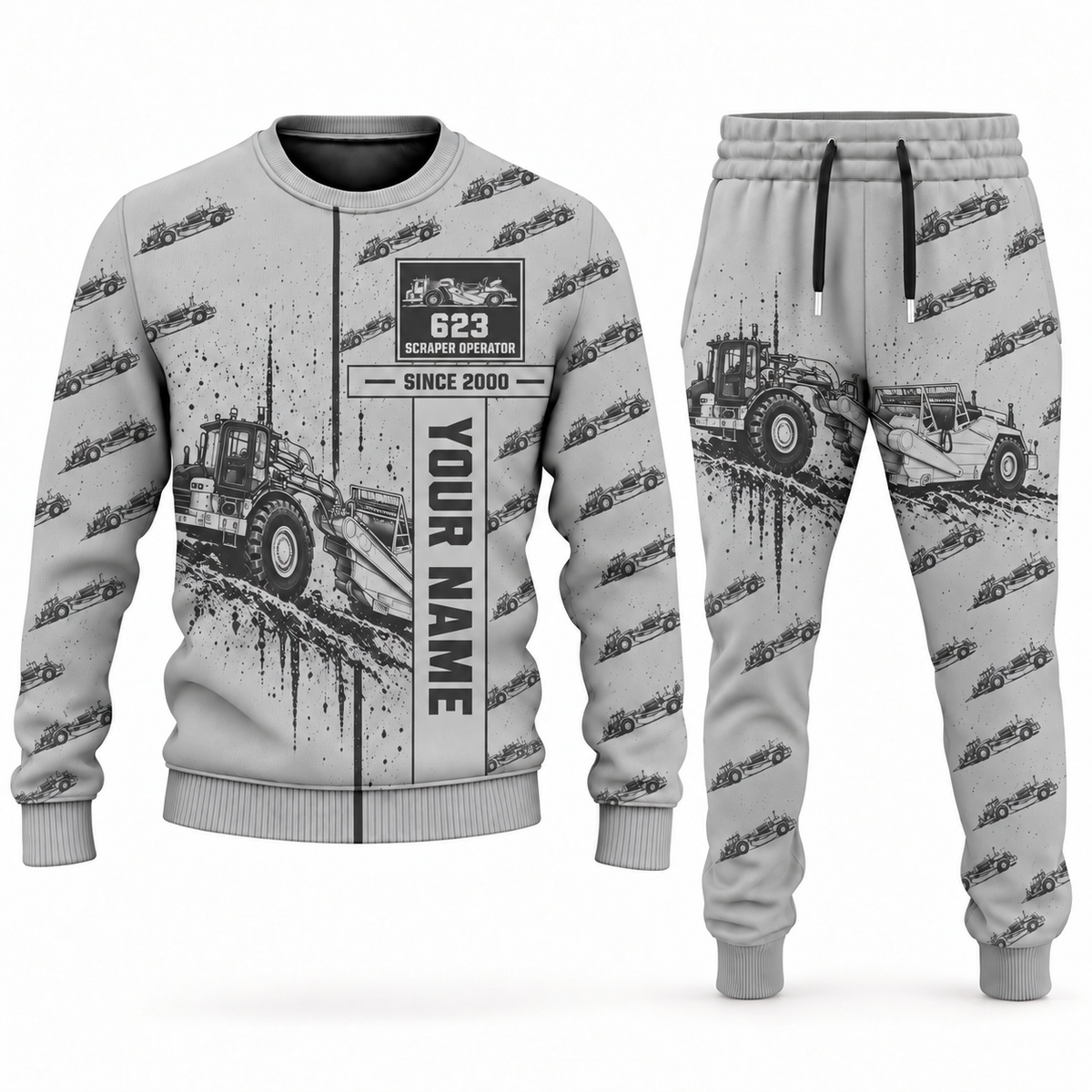 Personalized 623 Elevating Scraper Operator Combo Sweater + Jogger in lightgray, sweater and jogger artwork with YOUR NAME and SINCE 2000 sample text.