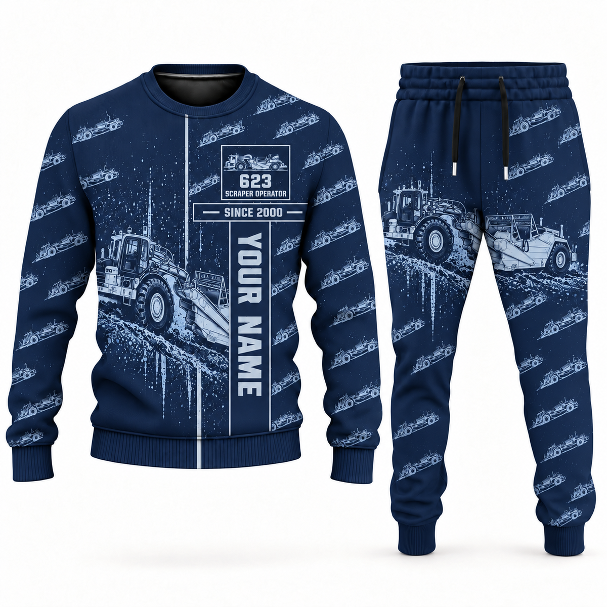 Personalized 623 Elevating Scraper Operator Combo Sweater + Jogger in navy, sweater and jogger artwork with YOUR NAME and SINCE 2000 sample text.