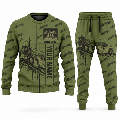 Personalized 623 Elevating Scraper Operator Combo Sweater + Jogger in olive, sweater and jogger artwork with YOUR NAME and SINCE 2000 sample text.