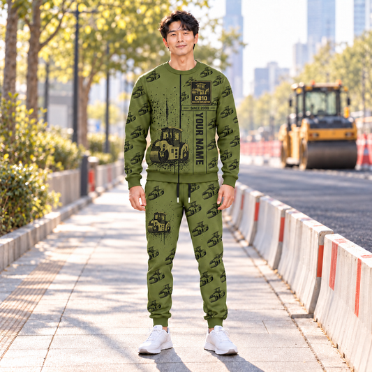 Personalized CB10 Tandem Roller Operator Combo Sweater + Jogger in Olive, sweater and jogger artwork with YOUR NAME and SINCE 2000 sample text.