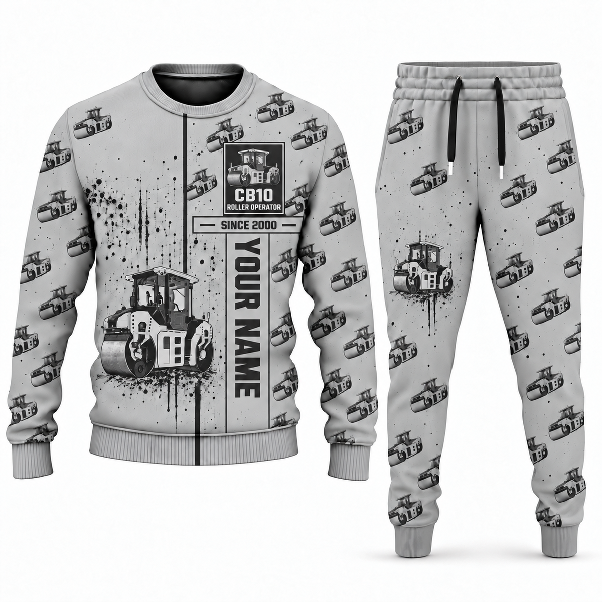 Personalized CB10 Tandem Roller Operator Combo Sweater + Jogger in lightgray, sweater and jogger artwork with YOUR NAME and SINCE 2000 sample text.