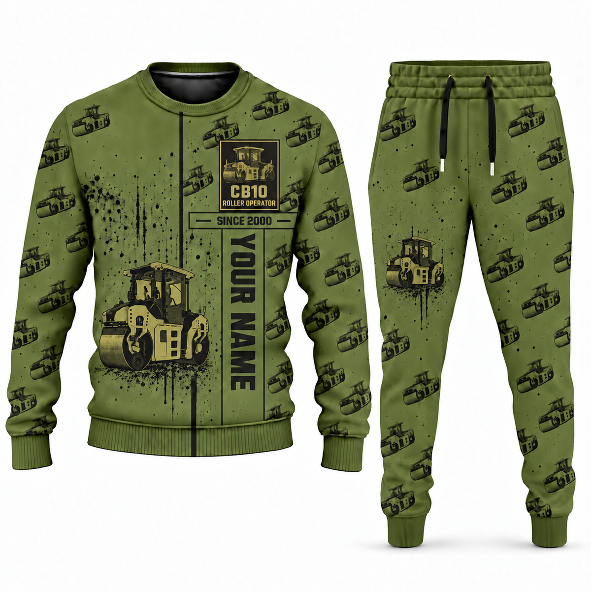 Personalized CB10 Tandem Roller Operator Combo Sweater + Jogger in olive, sweater and jogger artwork with YOUR NAME and SINCE 2000 sample text.