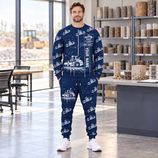 Personalized CS12 Soil Compactor Operator Combo Sweater + Jogger in Navy, sweater and jogger artwork with YOUR NAME and SINCE 2000 sample text.