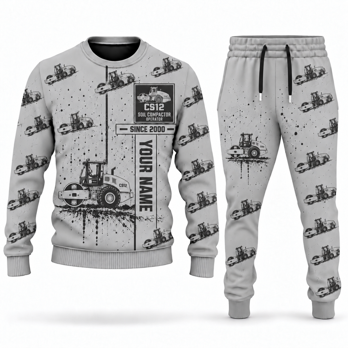 Personalized CS12 Soil Compactor Operator Combo Sweater + Jogger in lightgray, sweater and jogger artwork with YOUR NAME and SINCE 2000 sample text.