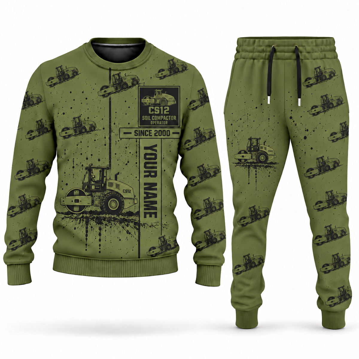 Personalized CS12 Soil Compactor Operator Combo Sweater + Jogger in olive, sweater and jogger artwork with YOUR NAME and SINCE 2000 sample text.