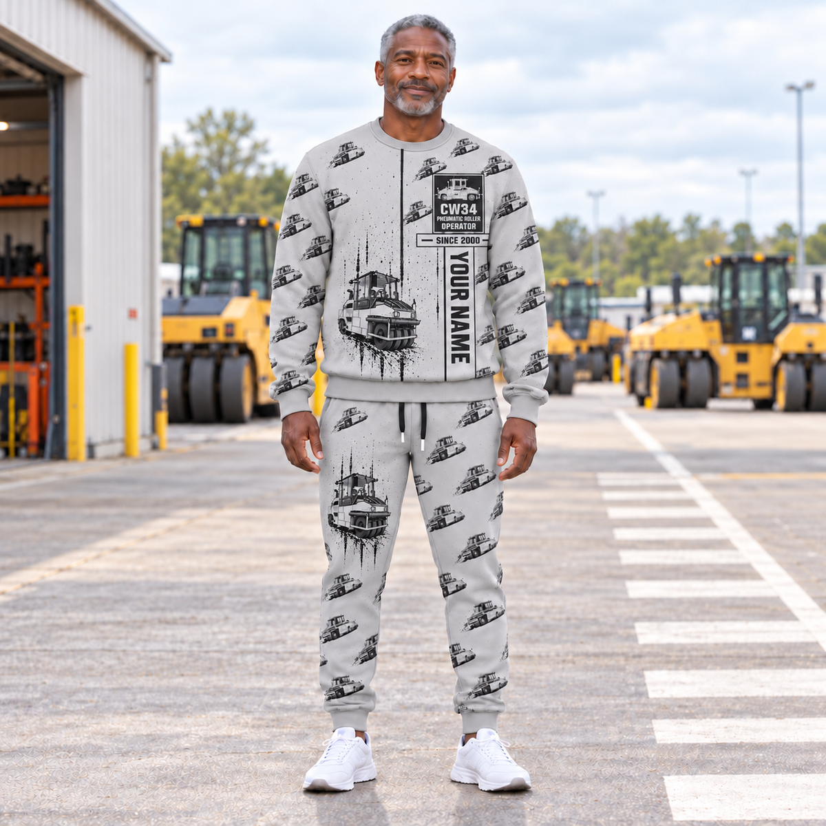Personalized CW34 Pneumatic Roller Operator Combo Sweater + Jogger in Light Gray, sweater and jogger artwork with YOUR NAME and SINCE 2000 sample text.