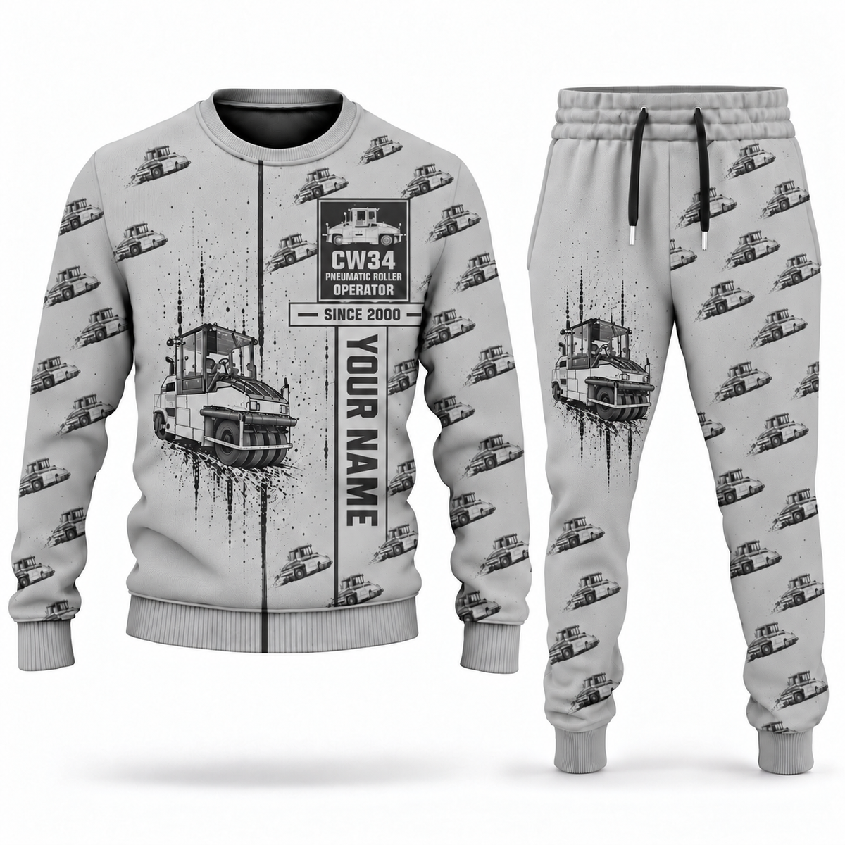 Personalized CW34 Pneumatic Roller Operator Combo Sweater + Jogger in lightgray, sweater and jogger artwork with YOUR NAME and SINCE 2000 sample text.