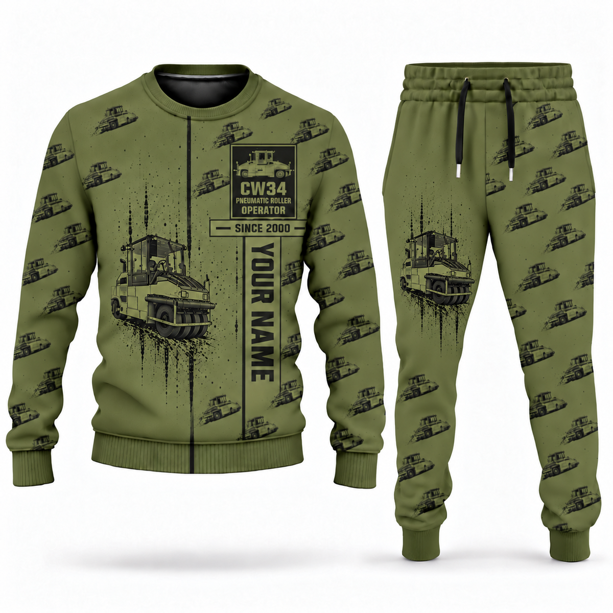 Personalized CW34 Pneumatic Roller Operator Combo Sweater + Jogger in olive, sweater and jogger artwork with YOUR NAME and SINCE 2000 sample text.