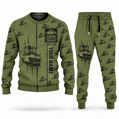 Personalized CW34 Pneumatic Roller Operator Combo Sweater + Jogger in olive, sweater and jogger artwork with YOUR NAME and SINCE 2000 sample text.