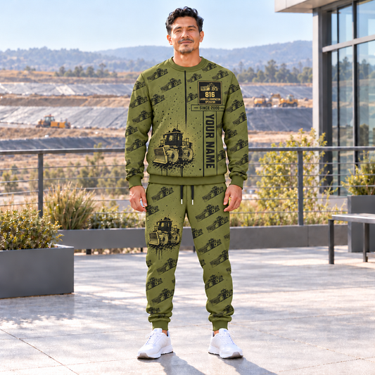 Personalized 816 Landfill Compactor Operator Combo Sweater + Jogger, Olive hero, YOUR NAME and SINCE 2000.