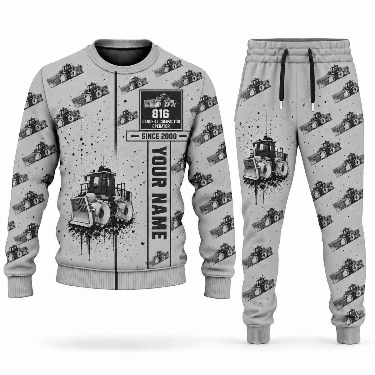 Personalized 816 Landfill Compactor Operator Combo Sweater + Jogger in lightgray, sweater and jogger artwork with YOUR NAME and SINCE 2000 sample text.