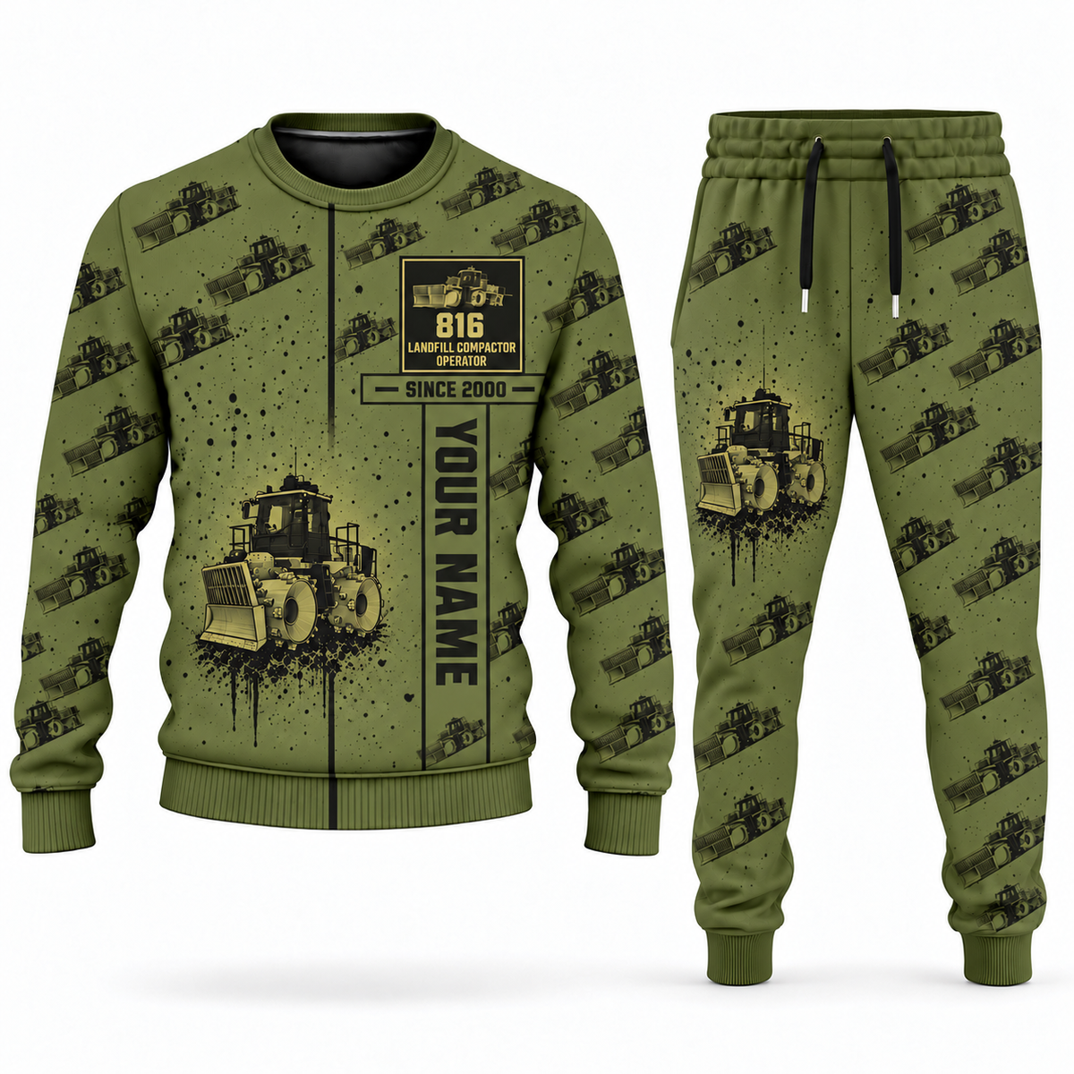 Personalized 816 Landfill Compactor Operator Combo Sweater + Jogger in olive, sweater and jogger artwork with YOUR NAME and SINCE 2000 sample text.