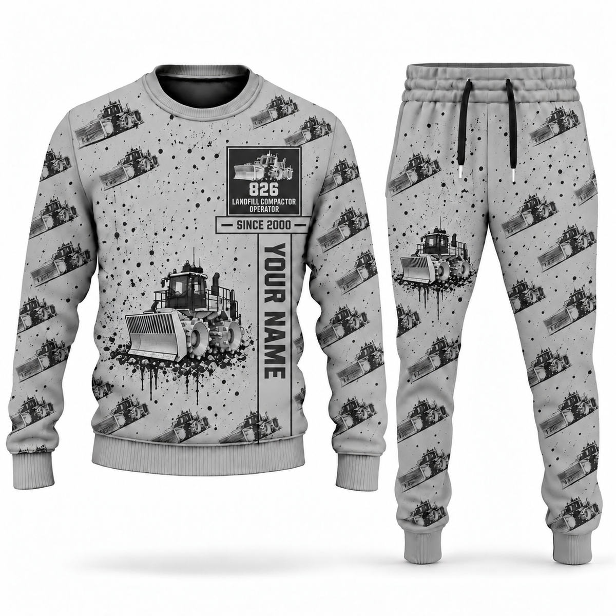 Personalized 826 Landfill Compactor Operator Combo Sweater + Jogger in lightgray, sweater and jogger artwork with YOUR NAME and SINCE 2000 sample text.