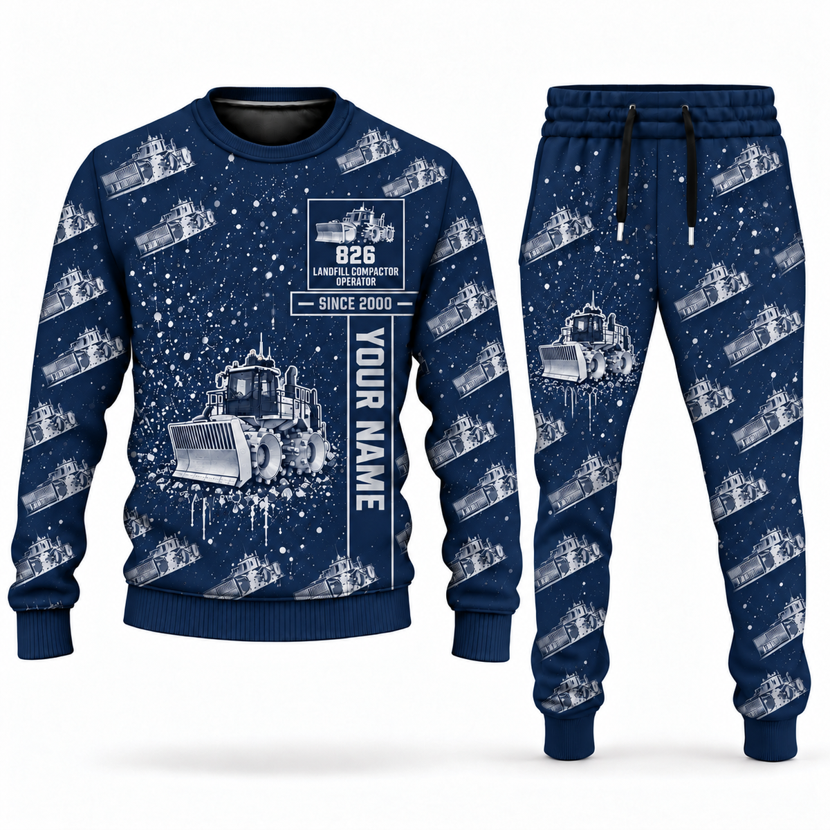 Personalized 826 Landfill Compactor Operator Combo Sweater + Jogger in navy, sweater and jogger artwork with YOUR NAME and SINCE 2000 sample text.