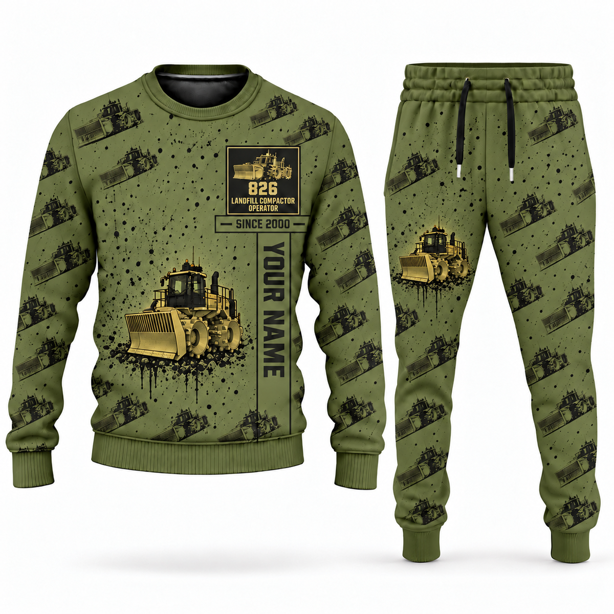 Personalized 826 Landfill Compactor Operator Combo Sweater + Jogger in olive, sweater and jogger artwork with YOUR NAME and SINCE 2000 sample text.