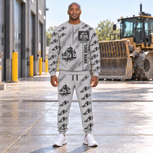 Personalized 836 Landfill Compactor Operator Combo Sweater + Jogger in Light Gray, sweater and jogger artwork with YOUR NAME and SINCE 2000 sample text.