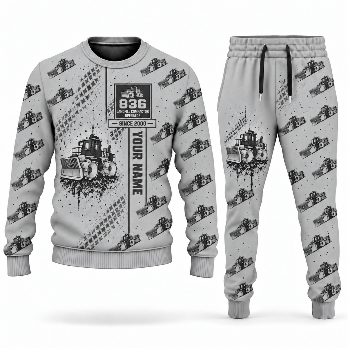 Personalized 836 Landfill Compactor Operator Combo Sweater + Jogger in lightgray, sweater and jogger artwork with YOUR NAME and SINCE 2000 sample text.
