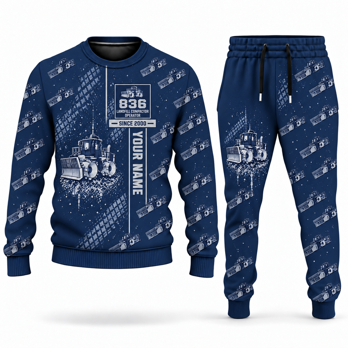 Personalized 836 Landfill Compactor Operator Combo Sweater + Jogger in navy, sweater and jogger artwork with YOUR NAME and SINCE 2000 sample text.