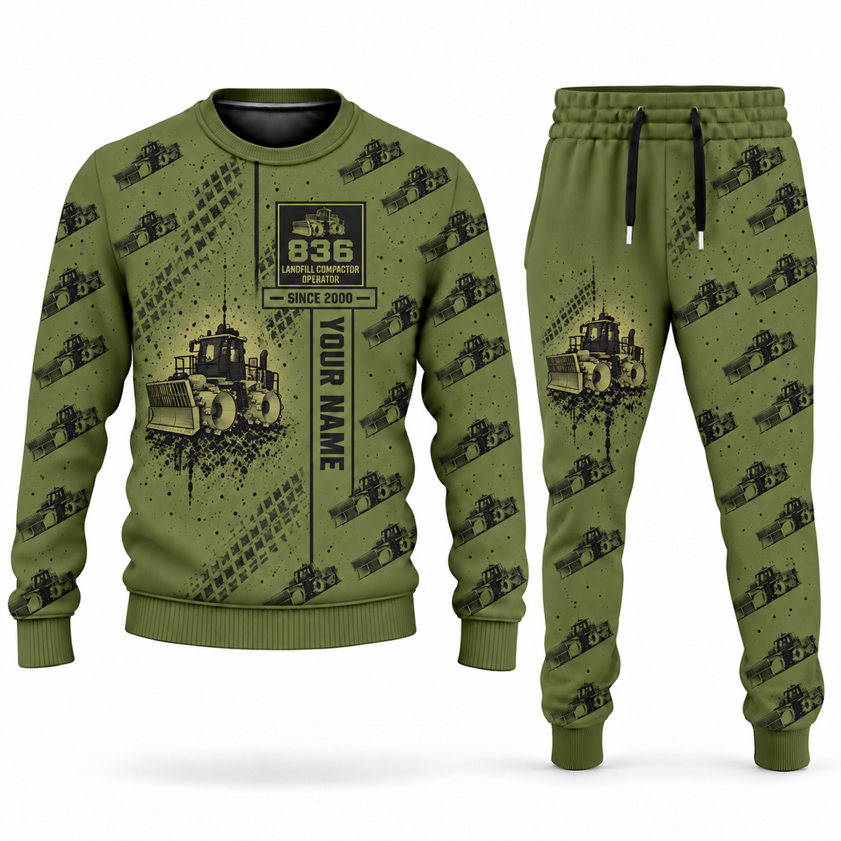Personalized 836 Landfill Compactor Operator Combo Sweater + Jogger in olive, sweater and jogger artwork with YOUR NAME and SINCE 2000 sample text.
