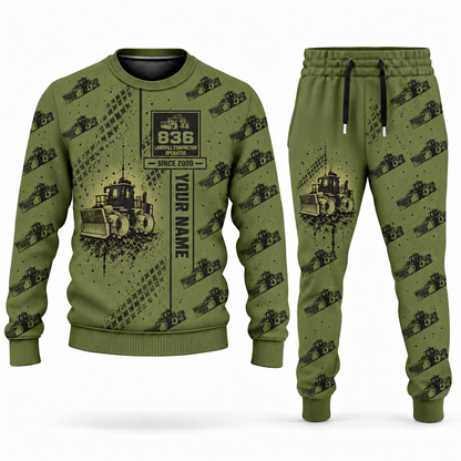 Personalized 836 Landfill Compactor Operator Combo Sweater + Jogger in olive, sweater and jogger artwork with YOUR NAME and SINCE 2000 sample text.